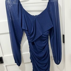 Blue cross design Midi Dress with Bishop Sleeves